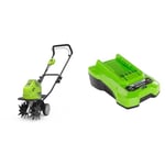 Greenworks G40TL Cordless Cultivator, Front Tine Tiller Rotavator, 25cm Working Width & Battery Charger G40C (Li-Ion 40 V 2A 60 Min Charging Time at 2Ah)