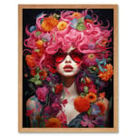 Flowerpunk Woman with Pink Hair and Flowers Vibrant Artwork Orange Pink Blue on Black High Detail Portrait Art Print Framed Poster Wall Decor 12x16 in