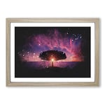 Big Box Art Lone Tree Beneath a Purple Sunset Paint Splash Framed Wall Art Picture Print Ready to Hang, Oak A2 (62 x 45 cm)