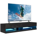 HOMCOM Meuble TV Banc TV Mural Suspendu LED Style Contemporain - placards avec 2 Portes battantes et 2 Passe-câbles - en Bois dim. 150L x 40l x 30H cm Noir laqué