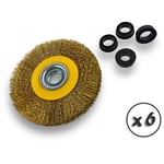 Lot de 6 brosses circulaires laiton ø 125 mm Epaisseur 2 rangs Fil dur 0.30 mm ondulé Alésage 16 mm Touret meuleuse affûteuse ponceuse Brossage