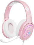 Rgb Effet De Lumière Casque Gaming, Over-Ear Casque Gamer Avec Fil Et Micro Pour Pc, Ipad, Téléphone, Ps4, Ps5, Xbox One Et Nintendo Switch, Sakura Rose, Poids Léger, Qualité Sonore Claire