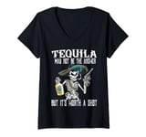 Womens Funny Tequila Skeleton Halloween : Worth a Shot Fiesta Vibes V-Neck T-Shirt