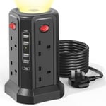 Tower Extension Lead with USB Slots 3M, 20W Fast Charger with Night Light, (13A 3250W)5 USB Ports & 8 Way, Surge Protected Extension Lead with 4 Independent Switch, Extension Cable for Home Office