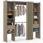 Idmarket - Dressing extensible double bois meryl 120/180 x 180 cm avec rideau taupe + double penderie + étagères