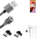 Magnetic charging cable + earphones for OnePlus 8 Pro + USB type C a. Micro-USB