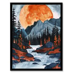 Artery8 Orange Harvest Moon Over Rocky Mountains Forest Living Room Artwork Framed Wall Art Print 18X24 Inch