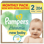 Pampers Harmonie Baby Nappies Size 2, 204 Nappies, 4kg-8kg, Monthly Pack, Gentle Skin Protection Cushiony Soft