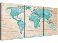 Large Teal Cream Map of World Atlas Canvas Wall Art Prints - Multi 3 Set - 3313