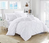 Chic Home Pinch, Ruffled and Pleated Complete Bed in a Bag Comforter Sheets Set and Deocrative Pillows Included, Microfiber, White, Queen