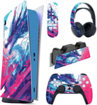 Sticker Console Pour Ps5 Édition Digital Skin Decal Pour Ps5 Télécommande Autocollants Pour Ps5 Casque Habillages Pour Ps5 Station De Charge-Dragon Néon