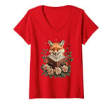 Womens Flowers Fox Reading Book Valentines Day Graphic Funny V-Neck T-Shirt