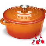 Overmont Cocotte en fonte émaillée – Casserole de 7 l avec couvercle et maniques en coton – Batterie de cuisine robuste pour braiser, ragoûts, rôtir, cuire du pain, orange