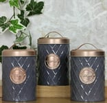 Set Of 3 Tea Coffee Sugar Canisters Copper Grey Kitchen Storage Jars Air Tight