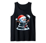 Cartoon Ice Hockey Puck Snowman with Santa Hat Christmas Tank Top