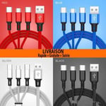 CABLE 3 en 1 USB CHARGEUR SAMSUNG IPHONE X XS XR / 8 / 7 TYPE C /IOS / Micro USB (Bleue)