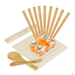 Relaxdays Kit sushi, bambou, 2 nattes, cuillère à riz, spatule, 10 paires de baguettes, cuisine japonaise, nature