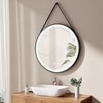 EMKE Miroir de Salle de Bain Rond 80 cm, Miroir Rond Salle de Bain avec Interrupteur Tactile et Fonction Anti-buée, Lumière Blanche 6500K, Cadre Noir et bandoulière réglable