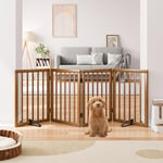 Semiocthome Freestanding Dog Gates and Barriers Indoor Pet Gates for Doorways and Stairs 24"H-4 Panels Puppy Gate with 2 Metals Stands Fully Assembled Adjustable Safety Fence Fit Up to 74" W Walnut