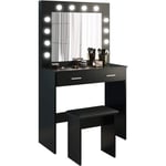 Joolihome Living Coiffeuse avec Miroir et Tabouret LED, Hollywood Style Table de Maquillage avec 2 Grands tiroirs, 80x40x140cm, Noir