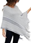 NLAND Poncho Cape Femme à Franges Chic et Elegant Tricoté Chaud Pull Poncho Chale en Polaire à Rayures pour l' Automne Hiver(Bleu)