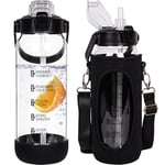 Seekua 1.5 litre Sport Gourde d'eau Avec Paille et Temps Motivation Marqueur, 1.5l Grande Bouteille d'eau Verre Avec Sans BPA Pour le Gym Bureau Fitness Camping