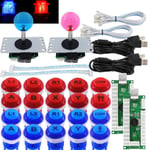 Arcade 2 Player Game Controller Stick DIY Kit LED Buttons with Logo MX Microswitch 8 Way Joystick USB Encoder Cable for PC MAME Raspberry Pi Red Blue