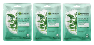 3 x GARNIER MOISTURE + FRESHNESS HYDRATING TISSUE MASK GREEN TEA HYALURONIC ACID