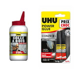 UHU Colle à bois express - Plus forte que le bois, résistante à l'humidité, D2, sans solvants & Power glue liquide control - colle extra forte, instantanée, technologie anti-goutte