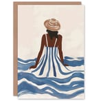 Greeting Card Woman in Blue White Stripy Summer Holiday Dress Holiday