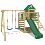 Wickey - Aire de jeux Portique bois Smart Cave avec balançoire et toboggan vert Cabane enfant exterieur avec bac à sable, échelle d'escalade &