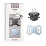 BIBS Supreme Soother 2-Pack, BPA Free Dummy Pacifier, Symmetrical Nipple. Silicone, Size 2 (6-18 Months), Iron/Baby Blue