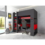 Vente-unique Lit mezzanine gamer NOAH avec bureau et rangements intégrés - 90 x 200 cm - Avec LEDs - Anthracite et rouge
