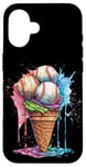 Coque pour iPhone 16 Ice Cream Baseball – Cône de glace mignon tenant des balles de baseball