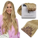 RUNATURE Extension Clip Cheveux Naturel Blond Extension de Cheveux à Clips Naturel Remy Extension a Clip Cheveux Humain Blond Doré avec Blond Clair 7pcs/120g 14 Pouces/35cm #16P24