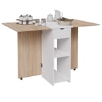 CASABEL – Table à Manger Pliable pour Petits Espaces avec 1 tiroir et Double étagère - Gain de Place pour Salle à Manger, Cuisine - Rangement Central Blanc et Plateau Bois Clair 2-4 Personnes