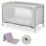 hauck - Lot Lit Parapluie Bebe avec Matelas Dream N Play Plus 120x60 cm - avec Moustiquaire, Grande Ouverture Latérale et Sac de Transport - Dusty Mint