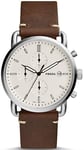 Fossil Montre pour Hommes Commuter, Mouvement Chronographe à Quartz, Boîtier en Acier Inoxydable Argenté de 42 mm avec Bracelet en Cuir, Fs5402