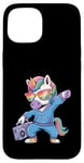 Coque pour iPhone 15 Licorne dans les années 80 avec enregistreur cassette