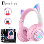 Pink with box Casque sans fil d'oreille de chat RVB pour PC, capsule spatiale 3D mignonne, casque Bluetooth, casque de jeu pliable pour enfants,x pour filles ""Nipseyteko