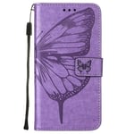 Yhteensopiva Xiaomi Poco F3 läppäkotelon kanssa, jossa on Butterfly-kohokuvioitu Pu-nahkainen kickstand-luottokorttikotelon kansi - vaalea violetti