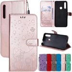 Case For Huawei P Smart Z Flip Cover With 2& Tempered Glass Screen Protector 2 Card Slot+Wallet Magnetic Stand Embossed Cat Bee Strap Pu Leather 360° Shockproof,Black