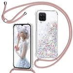 Glitter Liquide Collier Coque pour Samsung Galaxy A12 5G, Glitter Silicone Paillette Étui Protection TPU Bumper Liquide Housse, Bling Transparent Case avec Réglable Tour de Cordon -Or Rose