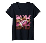 Womens Coquette Bow Disco Funny Fall Football Mom Life Game Day V-Neck T-Shirt