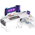 ODK Bureau d'angle avec Rangement, Bureau Gaming avec Etagere, Bureau en L Blanc avec Port USB et Prise de Courant, Table d’Ordinateur Bureau Informatique avec Support d'écran (168x80cm)