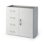 Buffet Violetta, Buffet avec 1 porte et 4 tiroirs, Buffet de salon, Armoire polyvalente avec étagères, 90x41h87 cm, Blanc