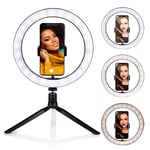 Grundig Ring Light on Tripod - Selfie Ring Light - Diameter 25 cm - 3 Light Colours - 11 Brightness Levels - Flexible Neck - Operation on Cable - USB Rechargeable - Phone Holder - Tripod - LED