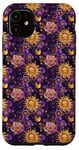 Coque pour iPhone 11 Violet Motif floral céleste Soleil Lune et étoiles