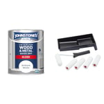 Johnstone's , Quick Dry Gloss Finish, Brilliant White 13m2 Coverage per Litre, 1.25 L & Fit For The Job 7 pc Foam Mini Paint Roller Set for Painting