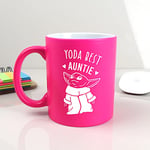 eBuyGB Personalised Coffee Mug, Neon Pink Baby Yoda Mug, 350ml Star Wars Themed Tea Cup, Funny Gifts for Aunt, Aunty (Yoda Best Auntie)